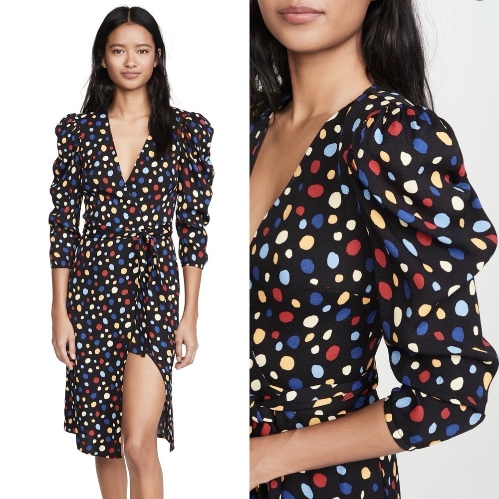 Reformation Black Polka Dots Fiesta Shoulder Pads Wrap Jaylee Dress Size Small - Picture 1 of 8